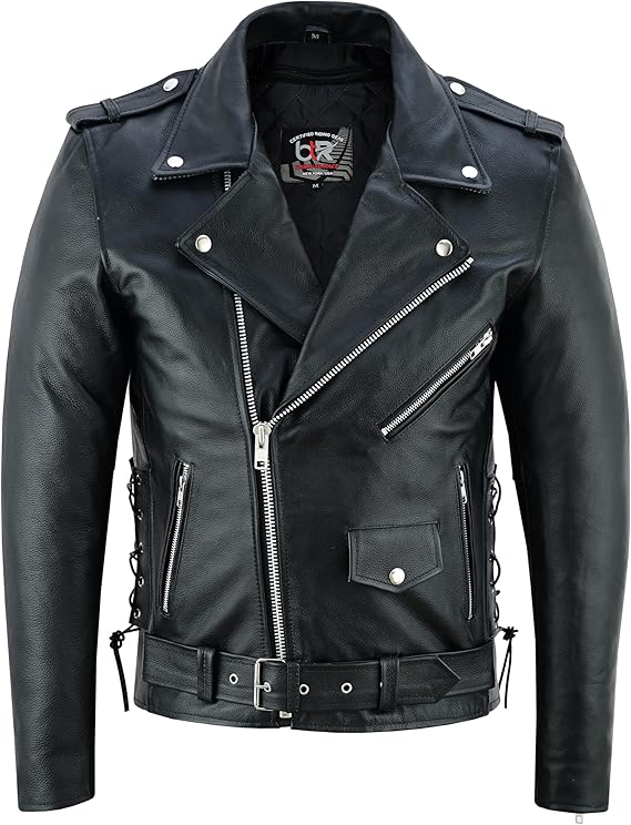 Men's Motorcycle Brando Leather Jacket 100% Cowhide Distressed Zip Up Leather Side Lacing Motorbike Jackets